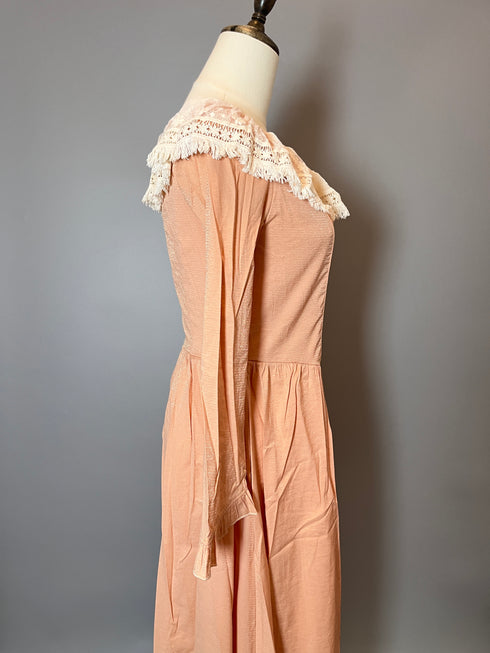 Pink Regency Era Dress with Lace - Pink Maxi Dress with Long Sleeves and Flower Accessories- Regency Dress Plus Size